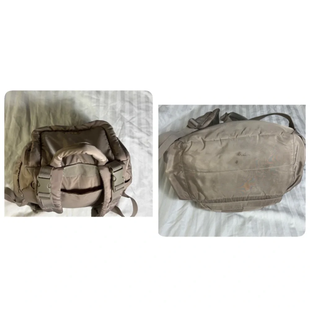 Mommore tan basket weave nylon diaper bag backpack gold hardware